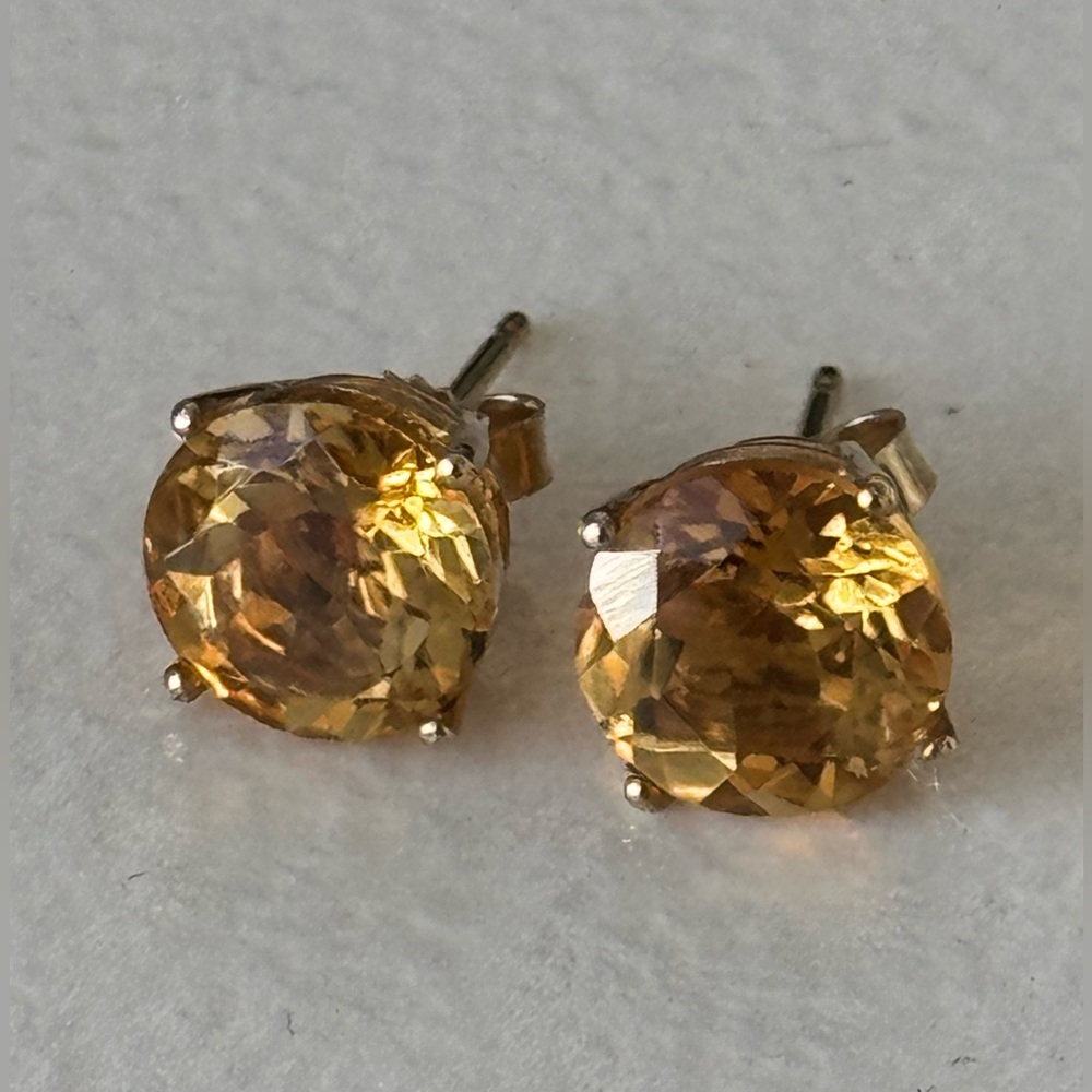 Genuine Citrine Large Studs Solid 14k Yellow Gold - image 3